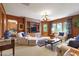 Spacious living room features wood paneled walls, built-in shelves and comfortable seating at 812 Kenmore Rd, Chapel Hill, NC 27514