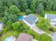 Stunning aerial view of a home with a pool, lush greenery, and manicured landscaping at 1003 Burnt Hickory Ct, Apex, NC 27502