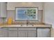 Kitchen sink with grey cabinets and granite countertops, complemented by a window view at 10603 Friendly Neighbor Ln, Raleigh, NC 27614