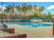 Community pool area with mature trees and lounge chairs surrounding the pool at 10603 Friendly Neighbor Ln, Raleigh, NC 27614