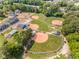 Overhead shot of the community ball fields near residences surrounded by mature trees at 109 St Marys St, Garner, NC 27529