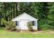 Exterior view of the white outbuilding with blue shutters and an adorable brick skirt, set amid lush greenery at 143 Cedarwood Dr, Henderson, NC 27536