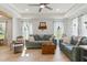 Inviting living room featuring wood floors, a ceiling fan, and comfortable sofas at 221 Moon Cir, Dunn, NC 28334