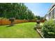 Well-maintained backyard with green grass, a wooden fence, landscaping, and a leafy tree feature at 245 Tumbling River Dr, Wendell, NC 27591