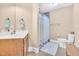 Well-lit bathroom with a tile shower and a single sink vanity at 3004 Krogen Ct, Creedmoor, NC 27522