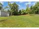 Spacious backyard with a well-maintained lawn and mature trees in the background for shade and privacy at 4021 Chaucer Dr, Durham, NC 27705