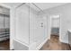 Modern bathroom with a spacious walk-in shower featuring subway tile and glass enclosure at 1124 Cedar Farm Trl, Fuquay Varina, NC 27526