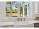 Close-up of a white farmhouse sink with a view to a green backyard at 217 Dublin Rd, Raleigh, NC 27609