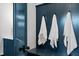 Mudroom area featuring a dark blue accent wall with hooks and bench seating, next to the bathroom at 217 Dublin Rd, Raleigh, NC 27609
