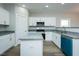Bright kitchen with stainless steel appliances, gray counters, island, and blue dishwasher at 2803 Ricolden Trl, Elon, NC 27244