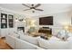 Spacious living room with a fireplace, built-in shelving, and comfortable seating at 4001 Falls River Ave, Raleigh, NC 27614