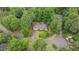 A bird's eye view shows a brick home surrounded by a canopy of trees with a circular driveway at 414 Bakewell Ct, Wake Forest, NC 27587