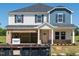 Two-story home featuring a mix of blue and white siding, black shutters, and a brick-accented foundation at 685 White Birch Ln, Angier, NC 27501