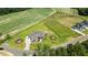 Stunning aerial view of a modern home with a pristine lawn surrounded by farmland at 120 Firefly Ln, Louisburg, NC 27549