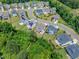 Aerial shot of a residential neighborhood, showcasing landscaped yards and tree-lined streets at 1716 Aberdour Dr, Apex, NC 27502