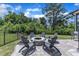 Relaxing backyard features a paver patio, stone fire pit, comfortable chairs and black metal fencing at 1716 Aberdour Dr, Apex, NC 27502