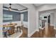 Dining room with trey ceiling, stylish decor, and a custom table crafted from a barrel at 1716 Aberdour Dr, Apex, NC 27502