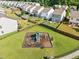 Aerial shot showing neighborhood with fenced backyards, lush greenery, and a community playground at 2036 October Dr, Durham, NC 27703
