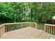 Wooden back deck offering an outdoor living space surrounded by lush trees and greenery at 2409 Horizon Hike Ct, Raleigh, NC 27603