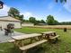 Spacious backyard featuring picnic tables, mature trees, and ample room for outdoor activities and gatherings at 7042 Us 401 Highway N, Fuquay Varina, NC 27526