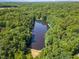 Aerial shot of a picturesque lake surrounded by dense woodlands, showcasing the natural beauty of the area at 106 Wolfs Trl, Chapel Hill, NC 27516