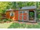 A cute shed in a shady yard features an overhang and double doors at 106 Wolfs Trl, Chapel Hill, NC 27516