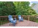Outdoor deck with chairs and serene view of lush landscaping at 110 Benedum Pl, Cary, NC 27518