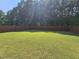 A spacious backyard with healthy green grass, wooden fencing, and mature trees at 1412 Queen Trigger Dr, Fuquay Varina, NC 27526
