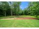 Large backyard with a grassy area, a mulched area, and surrounding mature trees at 1621 Ella Wiggins Way, Raleigh, NC 27603