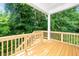 Spacious, outdoor porch featuring natural wood flooring and railings surrounded by lush greenery at 1621 Ella Wiggins Way, Raleigh, NC 27603