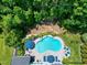 Overhead view of a pristine pool, patio, lounge seating, and mature tree canopy at 205 Silent Cove Ln, Holly Springs, NC 27540