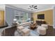 The living room offers a cozy space with soft furniture, large windows, and a ceiling fan at 211 Westgrove Ct, Durham, NC 27703
