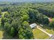Stunning aerial view of property surrounded by lush greenery, featuring a cozy home and long driveway at 2210 Pilot-Riley Rd, Zebulon, NC 27597