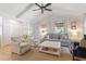 Living room with vaulted ceiling, ceiling fan, neutral colors, comfortable seating, and natural light at 2225 Creston Rd, Raleigh, NC 27608