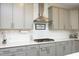 Well-lit kitchen featuring stainless steel appliances and gray cabinets with a white subway tile backsplash at 2264 Jollay St, Durham, NC 27703