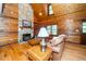 Cozy living room with a stone fireplace, wood walls, and comfortable seating, perfect for relaxation at 2416 Kearney Rd, Wake Forest, NC 27587