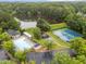 Aerial view of community amenities including pool, tennis courts, playground, and lake at 2913 Coxindale Dr, Raleigh, NC 27615