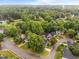 Aerial view of a residential neighborhood nestled among lush green trees and a small lake at 2913 Coxindale Dr, Raleigh, NC 27615