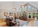 Spacious living room showcasing vaulted ceilings, exposed beams, hardwood flooring, and natural light at 3298 Oakridge Dr # A, Graham, NC 27253