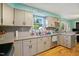 Featuring a double sink, granite countertops, stainless steel appliances and grey cabinets at 3712 Old Coach Rd, Raleigh, NC 27616