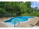 Backyard pool with clear blue water and surrounded by mature trees and landscaping providing a private oasis at 5301 Night Heron Dr, Wake Forest, NC 27587