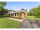 Charming single-story brick home with a manicured lawn and mature landscaping at 6411 Pondview Ln, Durham, NC 27712