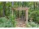 Tranquil backyard with a wooden arbor covered with climbing plants and a view of the woods at 103 Saint Brides Ct, Cary, NC 27518