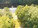 Aerial view showcasing the shoreline of a lake, with lush trees, and a grassy area perfect for relaxation at 110 Wolfs Trl, Chapel Hill, NC 27516