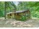 Exterior of a wooded cabin retreat with a stone chimney and wood facade at 110 Wolfs Trl, Chapel Hill, NC 27516
