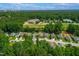 High aerial view showcasing neighborhood and local school with mature trees and distant city skyline at 1138 Ricochet Dr, Raleigh, NC 27610