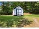 Outbuilding in backyard among green lawn at 117 Lema Dr, Garner, NC 27529