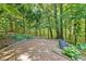 This brick patio is surrounded by landscaped beds and features a wooded backdrop and fenced boundary at 122 N Fern Abbey Ln, Cary, NC 27518