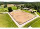 Aerial view of equestrian training area with horse stables and lush green pastures at 1624 Hopkins Rd, Bahama, NC 27503