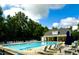 Large community pool with lounge chairs and tables under a clear blue sky at 1705 Main Divide Dr, Wake Forest, NC 27587